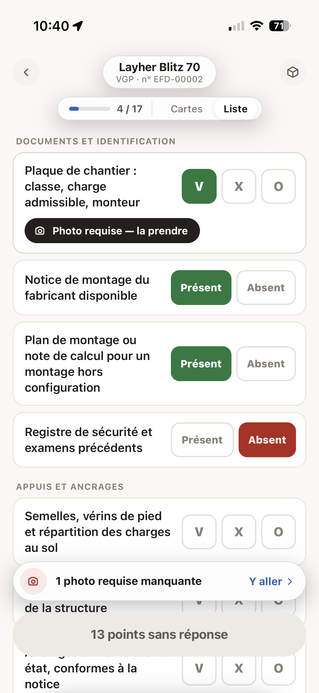 Fiche de contrôle en cours de saisie sur téléphone.