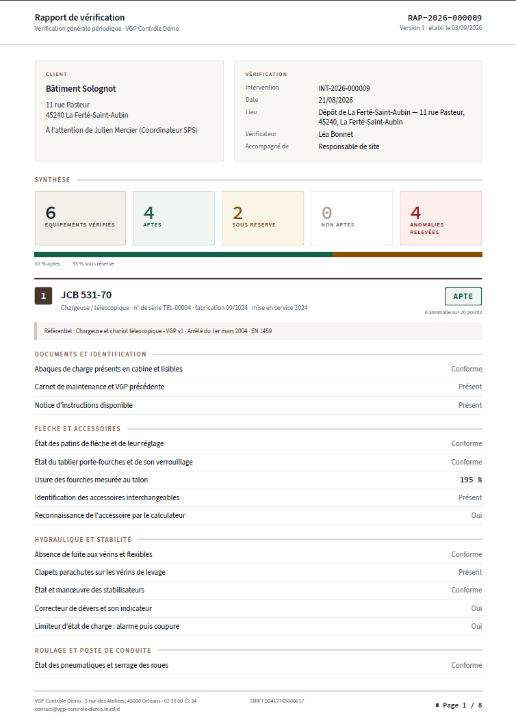 Page d'un rapport de vérification au format PDF.