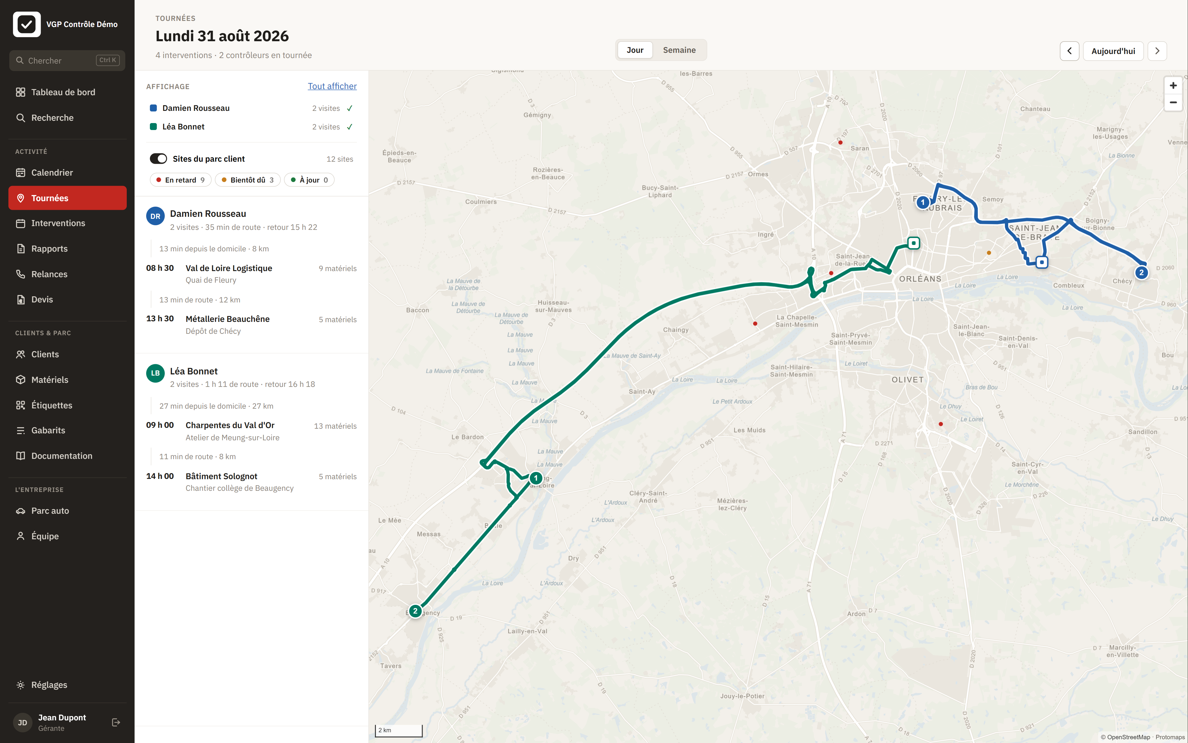 Tournée du jour : carte, étapes et heures d'arrivée.